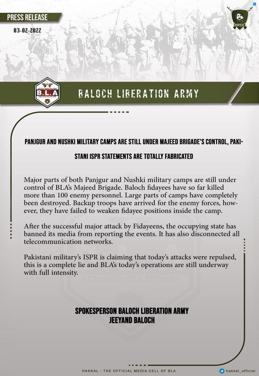 BLA claimed that major parts of both Panjgur and Nuskhi were still under their control and statements by the ISPR denying the attacks were 'totally fabricated'.