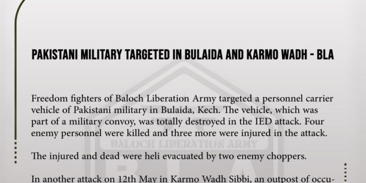 Pakistani military targeted in Bulaida and Karmo Wadh – BLA