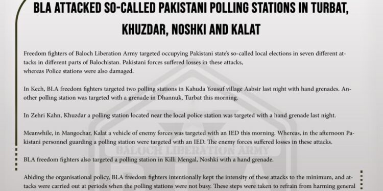 BLA attacked so-called Pakistani polling stations in Turbat, Khuzdar, Noshki and Kalat