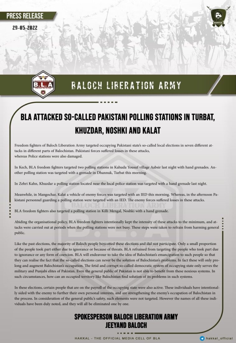 BLA attacked so-called Pakistani polling stations in Turbat, Khuzdar, Noshki and Kalat