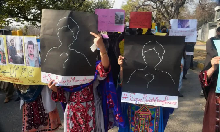 Baloch students protesting in Islamabad over disappearances in February, with the slogan #saveBalochmissingpersons.