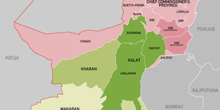 The Baluchistan Agency of the British Indian Empire, showing the Chief Commissioner's Province of Baluchistan (the "British Baluchistan") and the princely states: Kalat, the subsidiary states of Kharan and Las Bela, and the District of Makran.