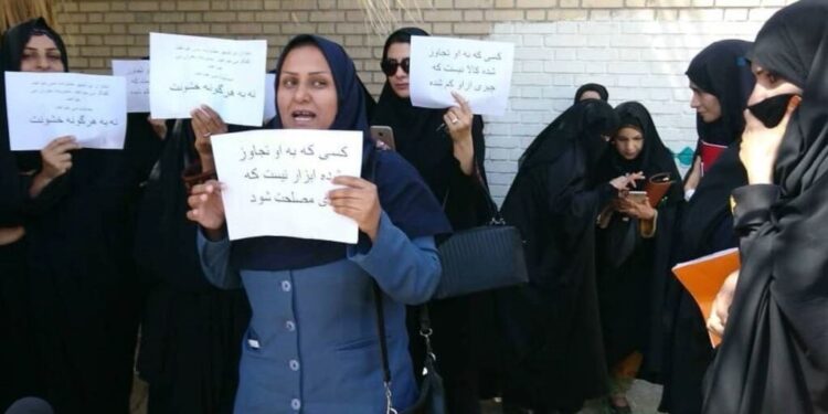 A group of women stage a protest in Iranshahr, Iran, June 19, 2018, to call on authorities to prosecute those responsible for an alleged recent wave of gang rapes in the southeastern city.