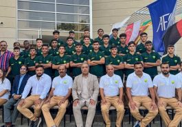 Pakistani team participating in the South Asian Football Federation's (SAFF) Under-16 Championship pose for a picture with team officials. PHOTO: AFP