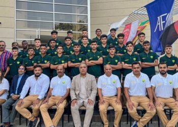 Pakistani team participating in the South Asian Football Federation's (SAFF) Under-16 Championship pose for a picture with team officials. PHOTO: AFP