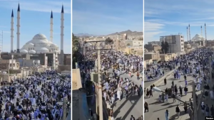 People take part in a protest in Zahedan, Iran, in these three screen grab images taken from a social media video released Feb. 17, 2023, and obtained by Reuters. Iranian authorities detained hundreds of demonstrators at a similar protest in Zahedan on Oct. 20.