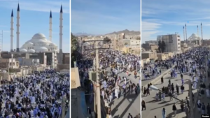 People take part in a protest in Zahedan, Iran, in these three screen grab images taken from a social media video released Feb. 17, 2023, and obtained by Reuters. Iranian authorities detained hundreds of demonstrators at a similar protest in Zahedan on Oct. 20.