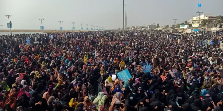 BYC supporters listen to the speech of their leader during their protest in Gwadar on Sunday [Reuters]
