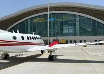 A calibration aircraft lands on the runway at the New Gwadar International Airport, in Gwadar, Pakistan on June 4, 2024. Photo via Pakistan Civil Aviation Authority/File